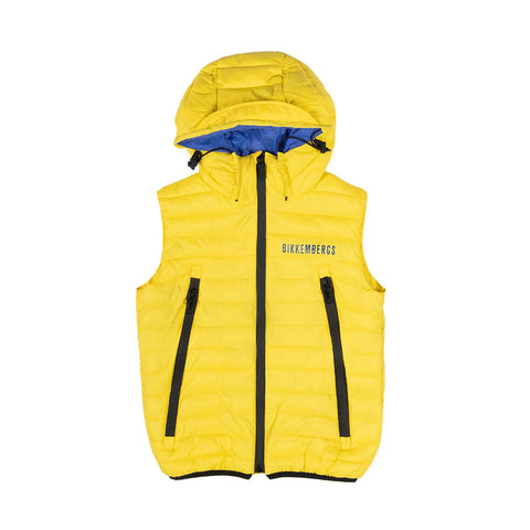 Giacchino smanicato giallo con cappuccio e zip, adatto per bambini.