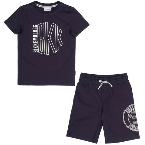 Set t-shirt manica corta e bermuda blu scuro con stampa bianca Bikkembergs