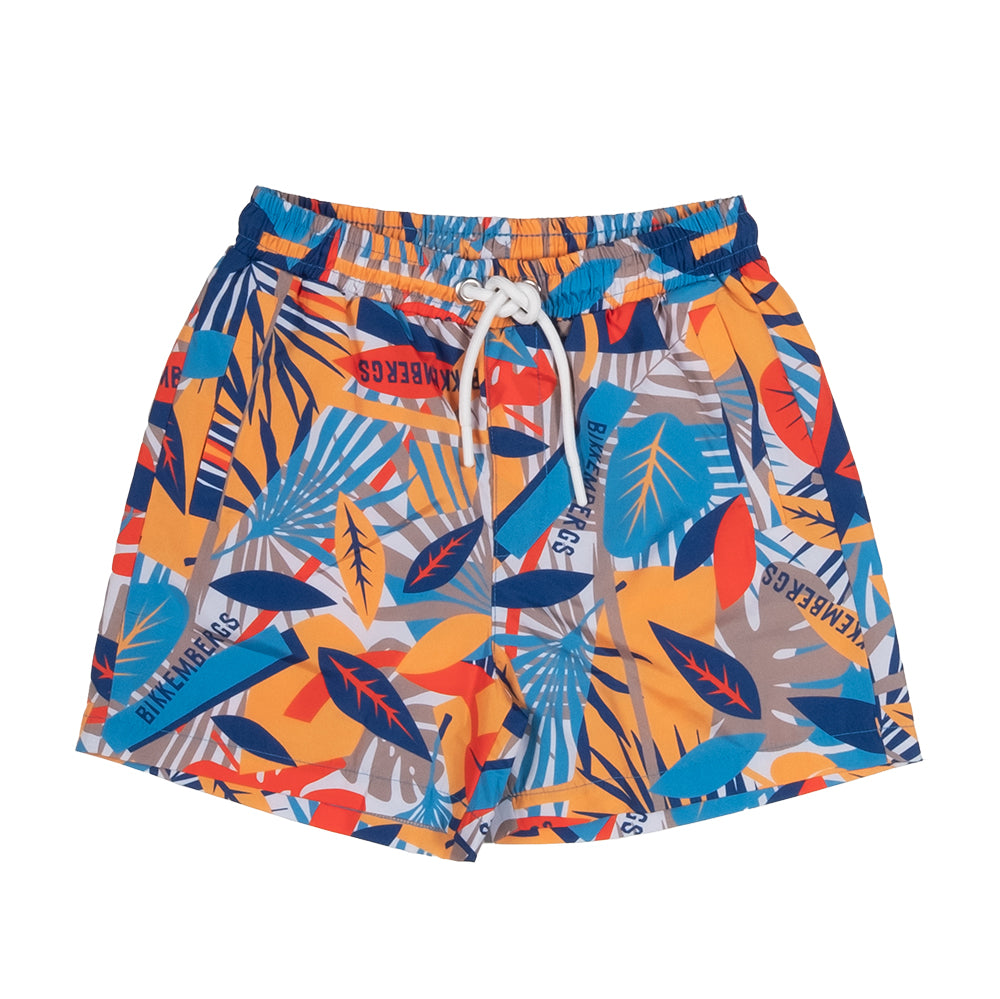 Badeshorts aus der Kinderbekleidungslinie Bikkembergs mit einem mehrfarbigen Allover-Muster in le...
