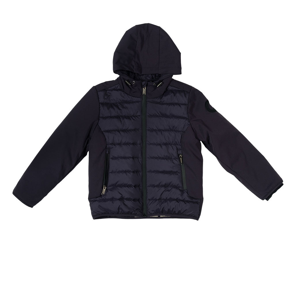 
Kurze Daunenjacke aus der Kinderbekleidungslinie von Bikkembergs, mit Kapuze und Reißverschluss ...