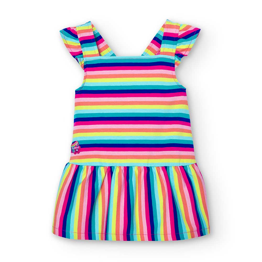 Kleidchen aus der Boboli-Kinderkollektion, mit Raffung an den Trägern. Allover-Regenbogen-Muster ...