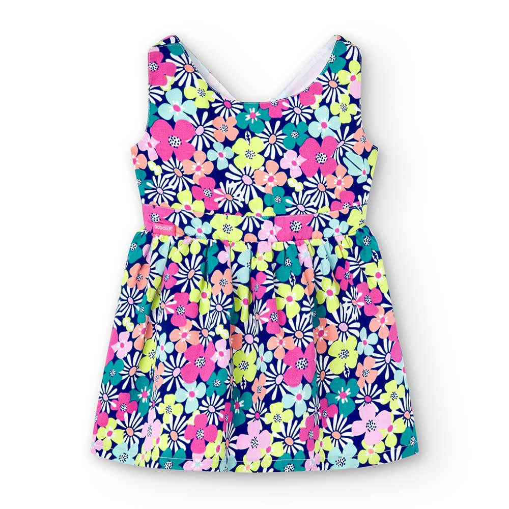 
Satin-Kleid aus der Boboli-Kinderkollektion, mit mehrfarbigem Blumenmuster, Kreuzträgern im Rück...