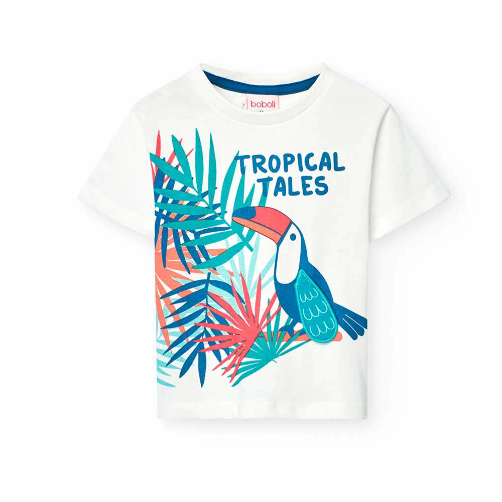 T-shirt aus der Kinderbekleidungslinie Boboli, mit mehrfarbigem tropischem Motivdruck auf der Vor...