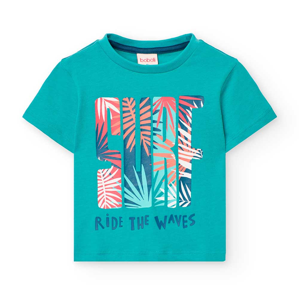 T-shirt from the Children's Clothing Line Boboli, with tropical print on an aqua green background...