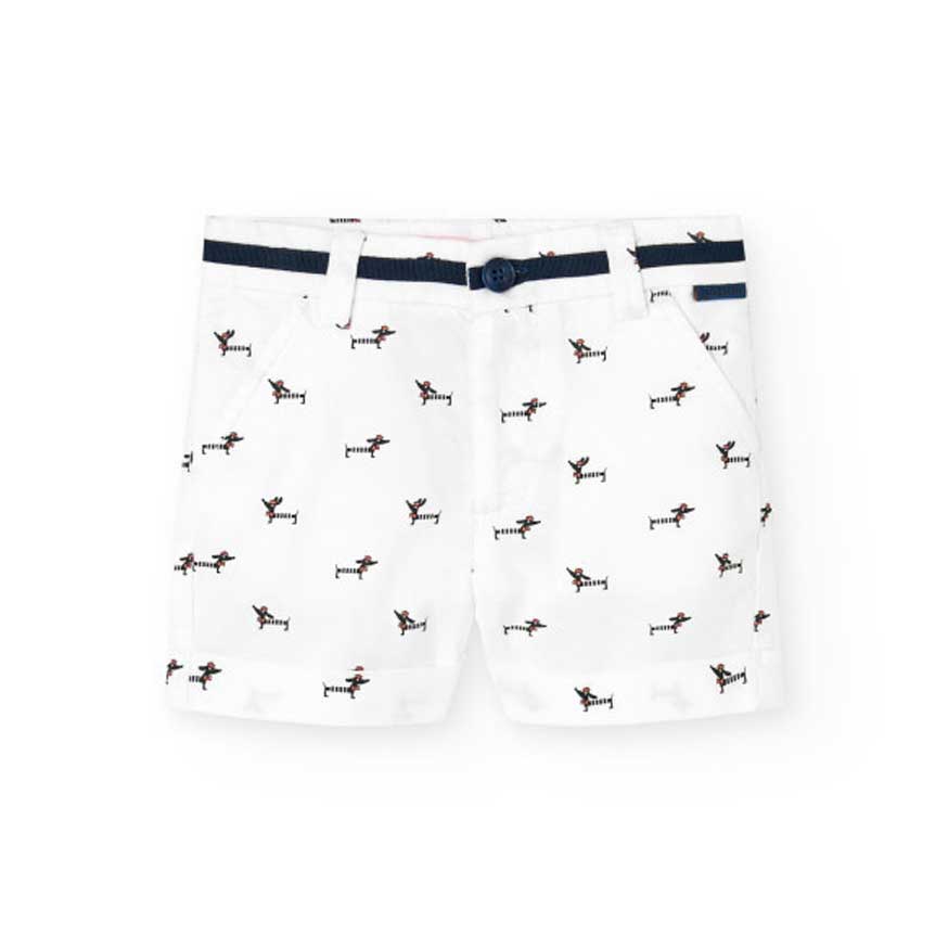 Shorts aus der Kinderbekleidungslinie Boboli, mit Muster kleiner Hunde auf weißem Hintergrund. Ve...
