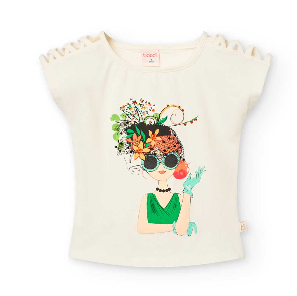 Maglietta della Linea Abbigliamento Bambina Boboli, con applicazione di strass su stampa colorata...