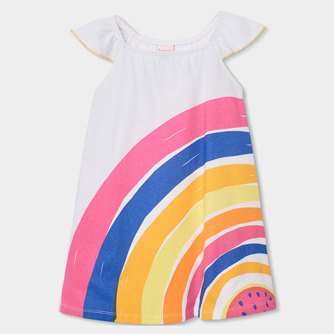 Abito jersey bianco con stampa colorata a forma di arcobaleno e maniche arricciate.