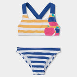 Costume da bagno a righe per bambina, top con spalline incrociate e slip coordinato.