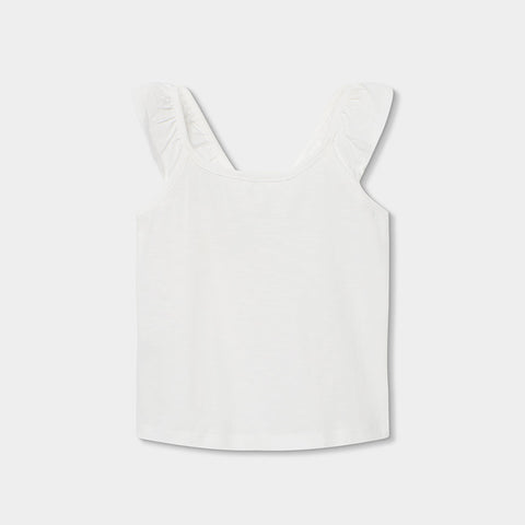 T-shirt bianca con riccetti sulle spalline per bambina