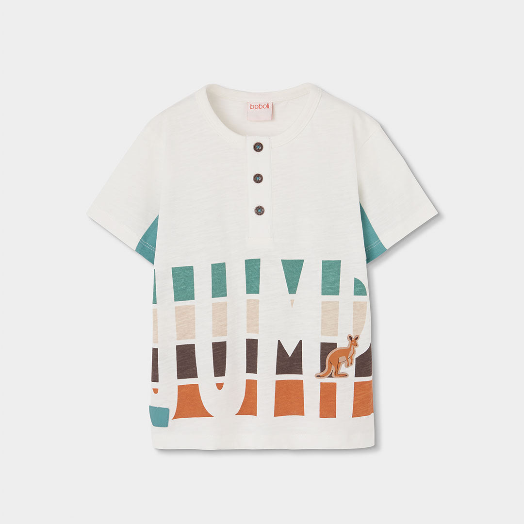 Boboli Children's Clothing Line T-shirt, with buttons on the front and a soft pattern in gentle c...