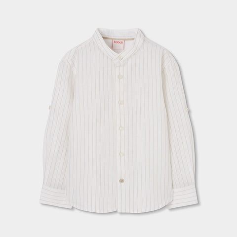 Camicissima manica lunga bianca con sottili righe beige e collo alla coreana