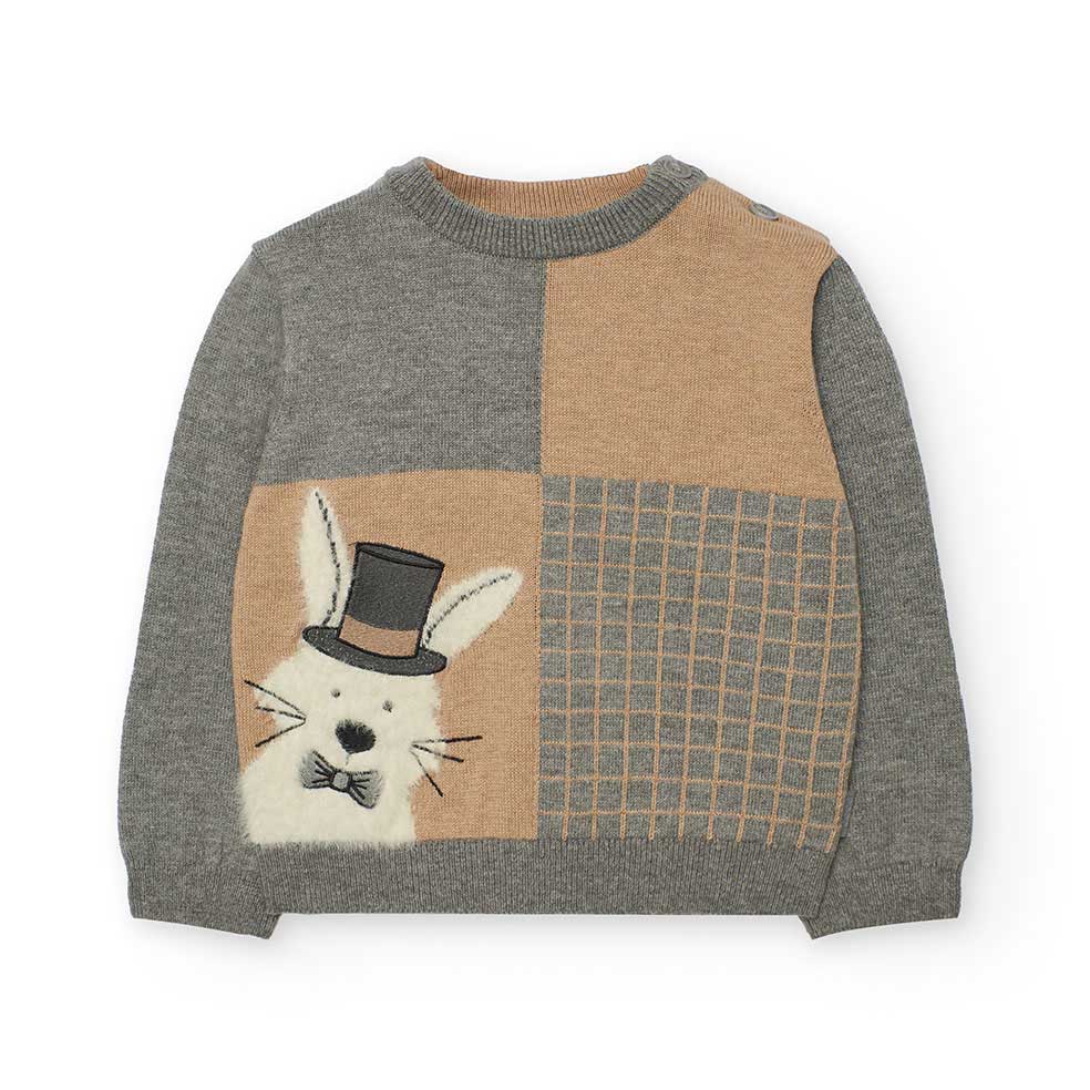 Maglione della Linea Abbigliamento Bambino Boboli, con disegno a quadri sul daavnti e coniglio ra...
