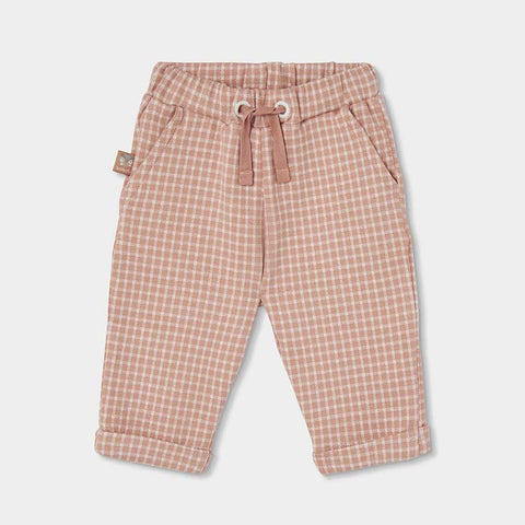 Pantaloni beige a quadri bianchi con coulisse, tasche e risvoltini per bambino