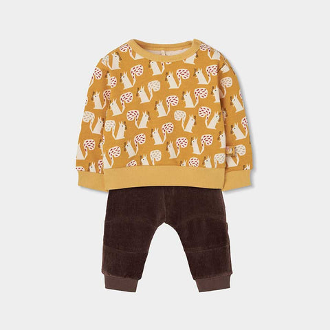 Set bambini con maglia gialla con scoiattoli e pantaloni marroni in velluto
