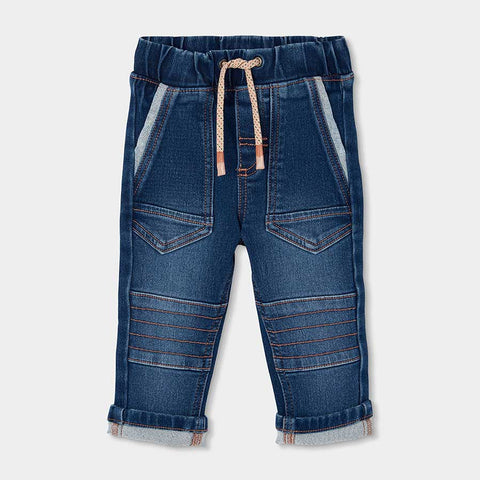 Pantaloni jeans denim elasticizzati blu con coulisse beige e risvolti per bambino
