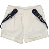 Bermuda bianco con bretelline blu per bambini.
