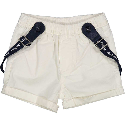 Bermuda bianco con bretelline blu per bambini.