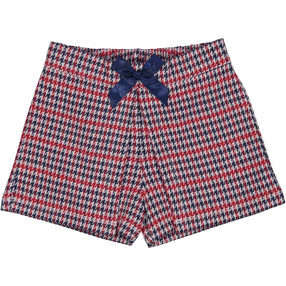Blaue und rote Pie de Poulle Shorts aus der Birba-Kinderbekleidungslinie mit einer Schleife auf d...