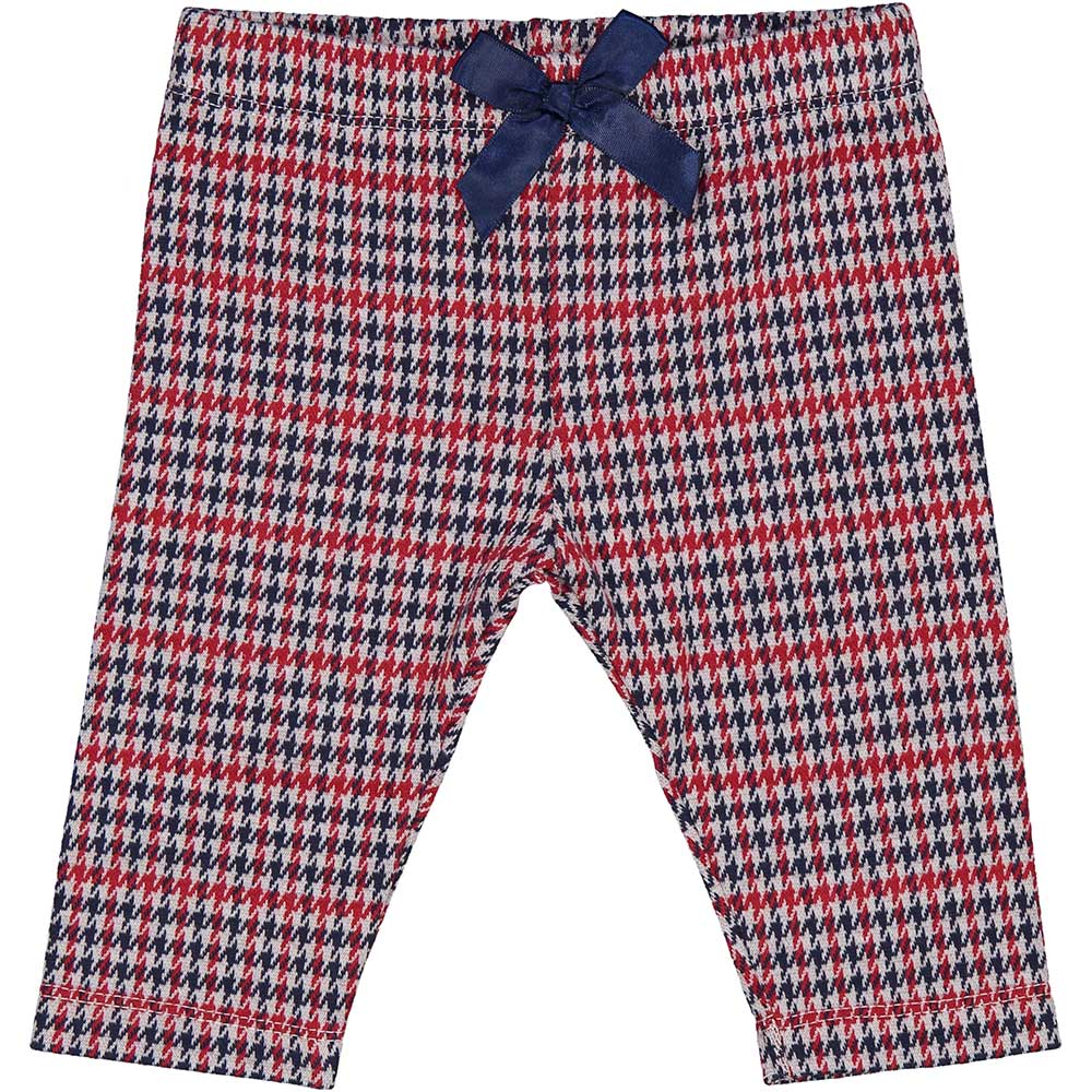 Pants from the Birba Girls' Clothing Line in blue and red houndstooth, with a bow on the front an...