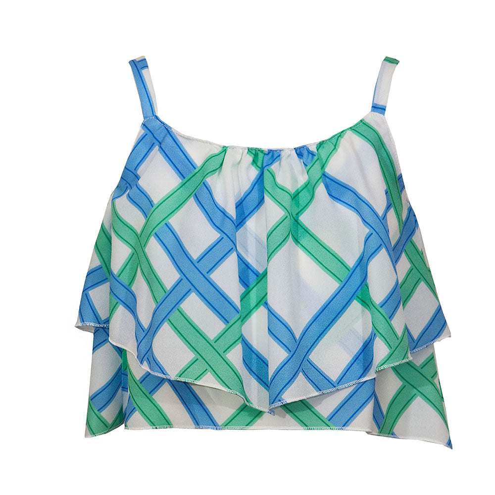 
  Top der M&B Fashion Childrenswear Line kurz, mit Trägern. Vorlage
  mit Volants mit geometrisc...