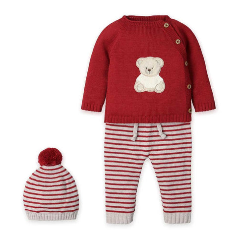 Completo bambino rosso con maglia a maniche lunghe, pantaloni a righe bianche e rosse e cappello con pon pon