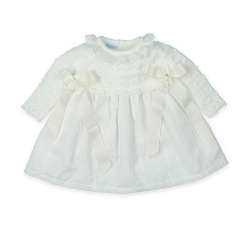 Abito bianco in maglia e tulle con maniche lunghe e fiocchi laterali per bambina