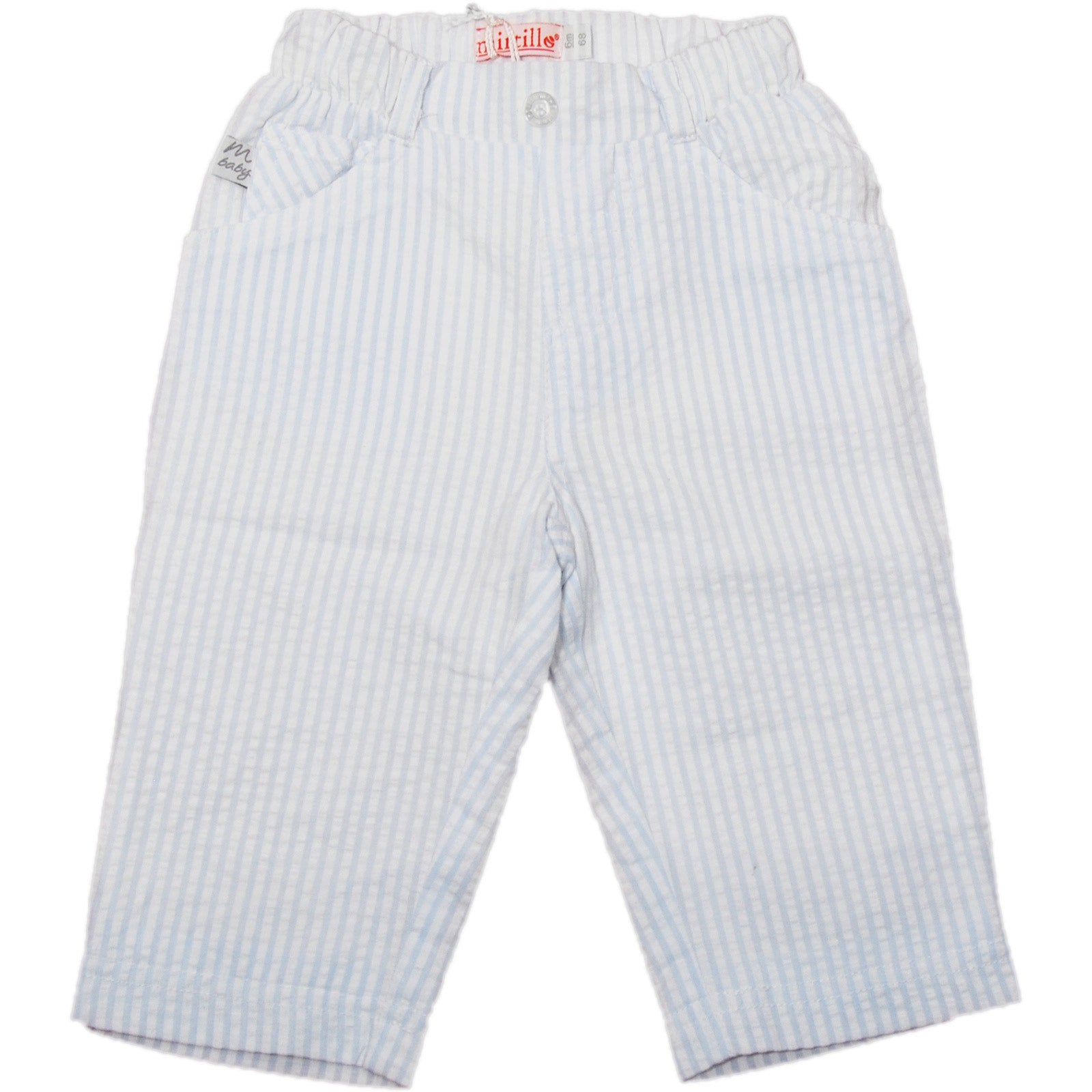 
  Boy's clothing line Mirtillo pants in striped cotton, white and light blue, with inner lining....