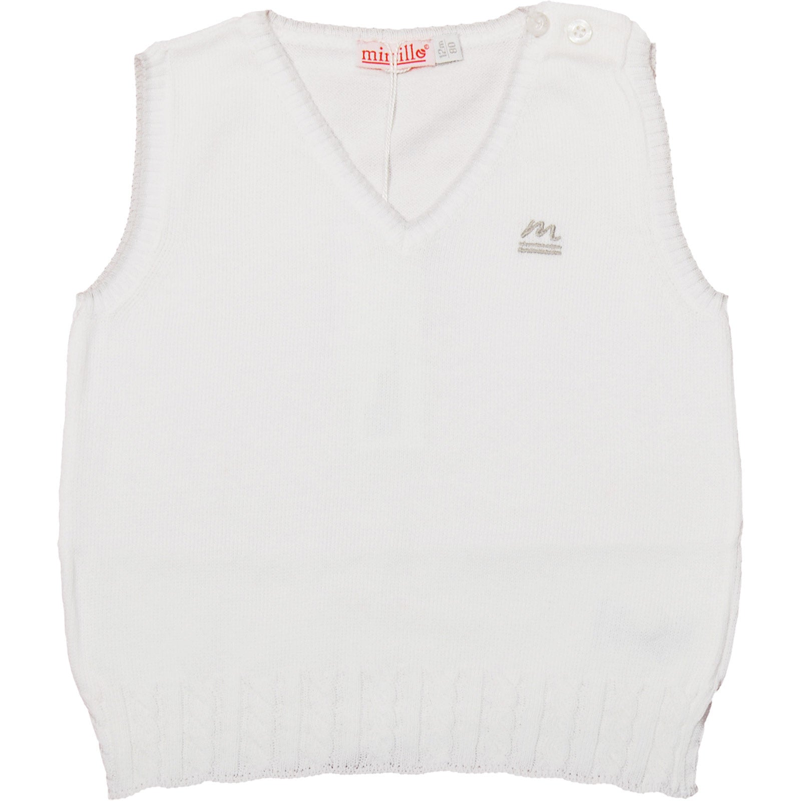 
  Tricot vest from the Mirtillo children's clothing line, with buttoning on the shoulder, braide...