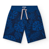 Bermuda mare blu con fantasia tropicale e cintura elastica.