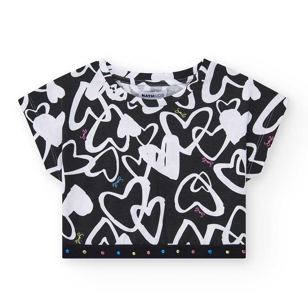 Kurzes T-Shirt der Bekleidungslinie Nath Kids, mit Gummizug am Saum und quadratischem Muster mit ...