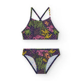 Costume da bagno bikini con motivi tropicali per bambina, colore blu scuro.