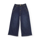 Pantaloni denim scuri per bambina con vita regolabile e tasche.
