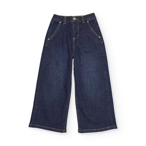 Pantaloni denim scuri per bambina con vita regolabile e tasche.