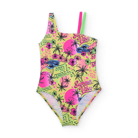 Costume da bagno intero per bambina con fantasia colorata e spalline verdi.