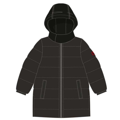 Giacchina puffy nera con cappuccio per bambini, con dettagli lavorati e tasche.