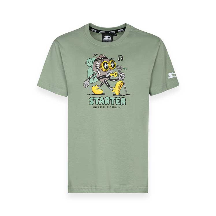 T-Shirt der Starter Kinderbekleidungslinie, mit kleinem Logo auf dem Ärmel und einem bunten Druck...