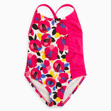 Costume da bagno intero per bambina con fantasia floreale e bretelline regolabili.