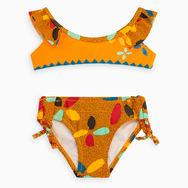 
  Bikini-Badeanzug aus der Beachwear-Linie des Tuc Tuc-Mädchens mit mehrfarbigem Muster
  Voilan...