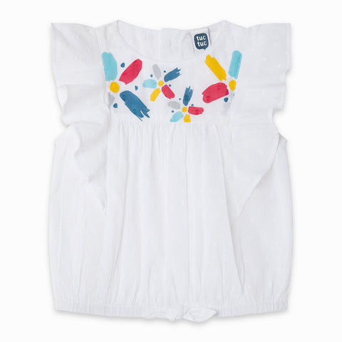 Blusa corta bianca con volants e stampa colorata per bambina.