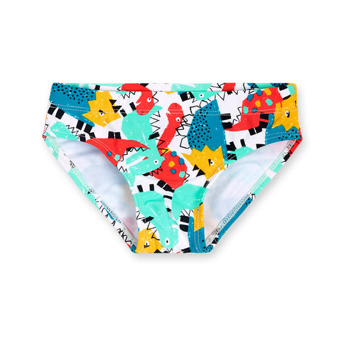 Costume da bagno bambini con grafica colorata di dinosauri.