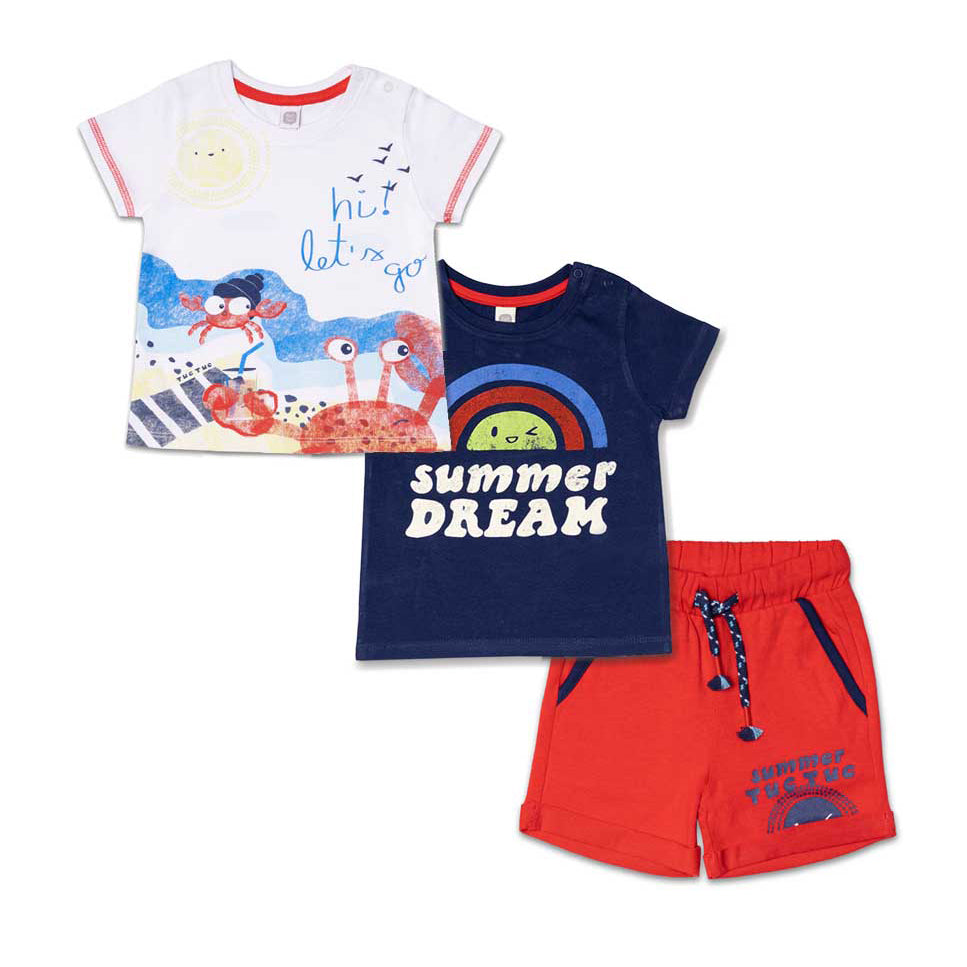Set aus der Tuc Tuc Children's Clothing Line, bestehend aus zwei farbigen T-Shirts mit Aufdruck a...