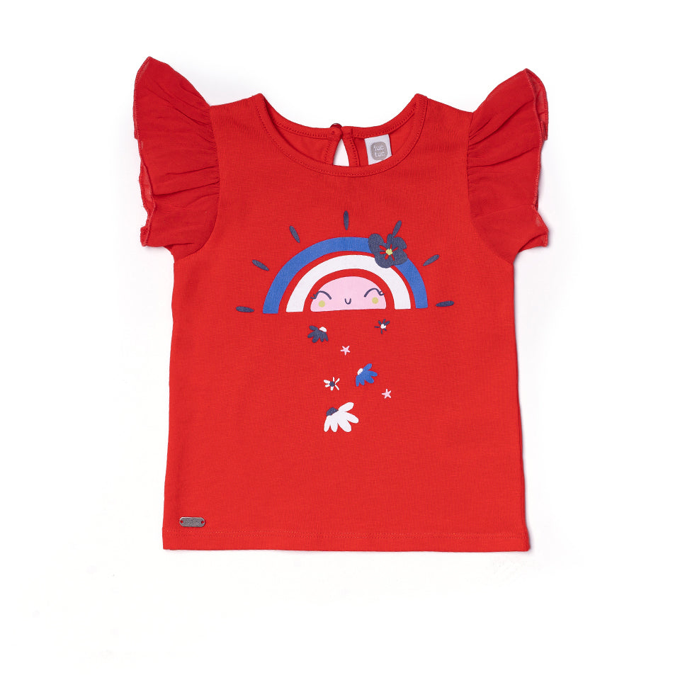 Top aus der Tuc Tuc Kinderbekleidungslinie, mit Volants an den Schulterträgern und farbigem Aufdr...