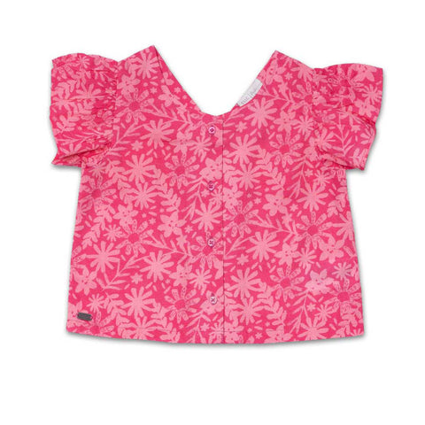 Blusa maniche corte fiorata per bambina in tono rosa.
