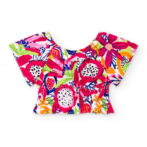 Top in popeline floreale per bambina con scollo a barca e elastico in vita.