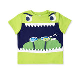 T-shirt verde e blu con stampa mostro e occhi sporgenti, manica corta