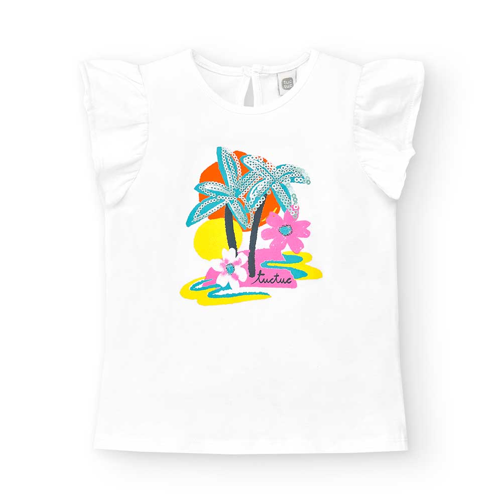 T-shirt aus der Tuc Tuc Girls' Clothing Line, ärmellos. Tropischer Motivdruck auf der Vorderseite...