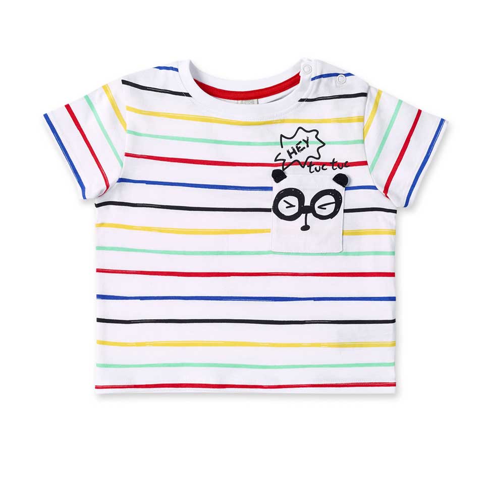 
T-Shirt aus der Kinderbekleidungslinie Tuc Tuc, mit mehrfarbig gestreiftem Muster und einer klei...
