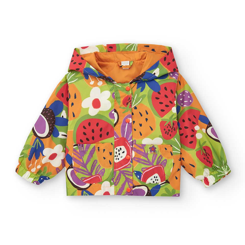 Windbreaker jacket from the Tuc Tuc Girl's Clothing Line, with hood and multicolor tropical patte...