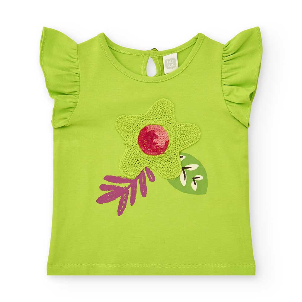 Tuc Tuc Girl's Clothing Line T-shirt, with ruching on the sleeves and a knit applique on the fron...