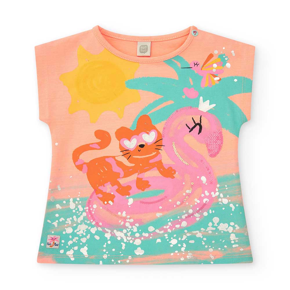 T-Shirt aus der Tuc Tuc Girls' Clothing Line, mit Druckknöpfen am Schultergurt und buntem Druck a...